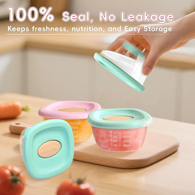 8 Pack Baby Food Storage Containers 4 oz, Baby Silicone Food Jars with Ventilation Valve, Snack Containers with Leak Proof Sealing Lid Microwave Safe, Suitablefor Nurseries, Schools and Travel