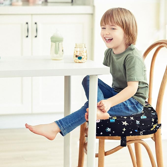 Eiury Toddler Booster Seat for Dining Table, Portable Kids Booster Seat with Safety Buckles Portable Increasing Booster Cushion with Non-Slip Bottom (Black Astronaut)