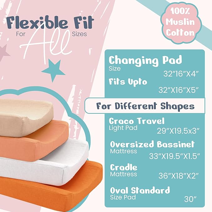 100% Muslin Changing Pad Cover Ultra Soft 120GSM Baby Changing Pad Covers for Girls and Boys - Easy wash Diaper Changing pad Cover with Low Shrinkage (4 Pack - White/Beige/Caremal/Retroyellow)