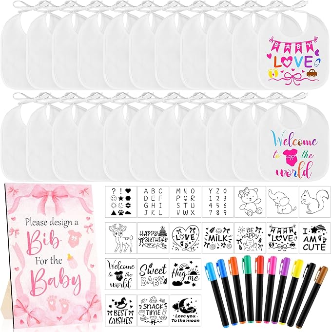 FIONUPI 55 Pcs Baby Bibs Decorating Kit Includes 1 Wooden Pink Bow Baby Shower Game Sign 22 DIY White Bibs 22 Bow Stencils 10 Colorful Markers Supplies for Shower Games