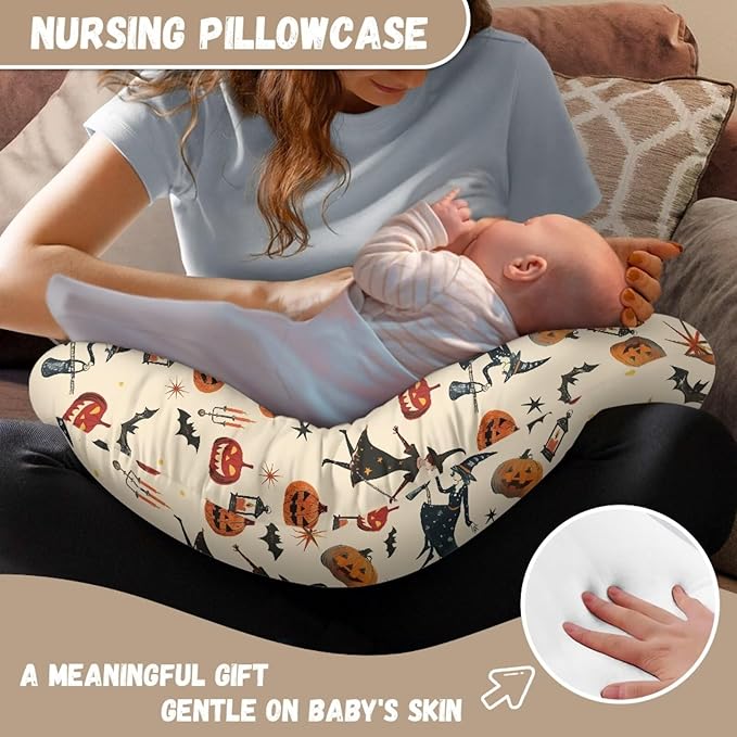 Witch Jack-O'-Lantern Baby Nursing Pillow Cover for Breastfeeding Moms, Breathable Neutral Halloween Breastfeeding Pillow Cover for Bottle Feeding (22"x18"x6")