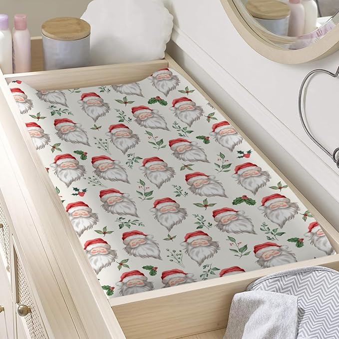 Funny Santa Claus Changing Pad Covers Christmas Cherry Fir Leaves Diaper Changing Table Sheets Cover for Baby Boys Girls Winter Soft Breathable Stretchy Baby Changing Pad Mats 32''x16''