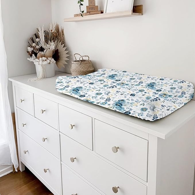 Watercolor Crane Blue Flowers Changing Pad Covers Birds Boho Retro Floral Leaves Diaper Changing Pad Table Sheets for Boy Girl Soft Breathable Stretch Fitted Baby Changing Table Mats Covers 32''x16''