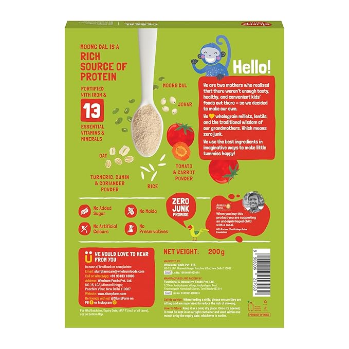 Slurrp Farm Moong Dal Khichdi Baby Cereal | Easy to Digest Travel Food for Kids | Real Veggies & 13 Nutrients | No Added Sugar, Salt or Milk | No Preservatives | 7.05 Oz (200g)