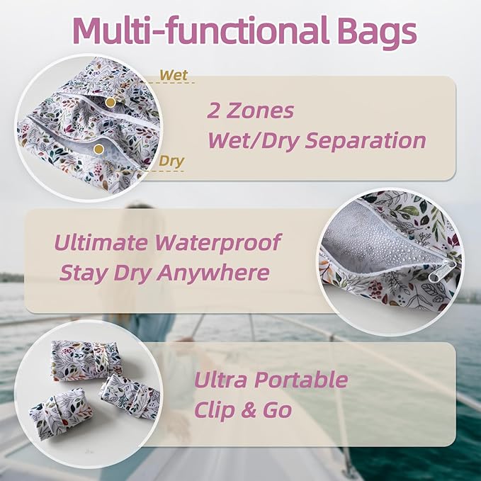 3 PCS Waterproof Wetbag, Wet Bags for Baby Cloth Diapers and Soiled Clothes, Reusable Wet Bag for Swimsuit and Towels with Double Zipper Pockets, Travel Beach Pool Essentials
