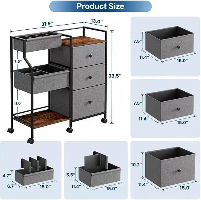 PandaEar Baby Diaper Caddy Organizer and Storage, 3-Tier Rolling Nursery Cart with Drawers & Dividers, Mobile Utility Storage Cart with Wheels for Baby Essentials, Bedroom, Changing Table, Darkgrey