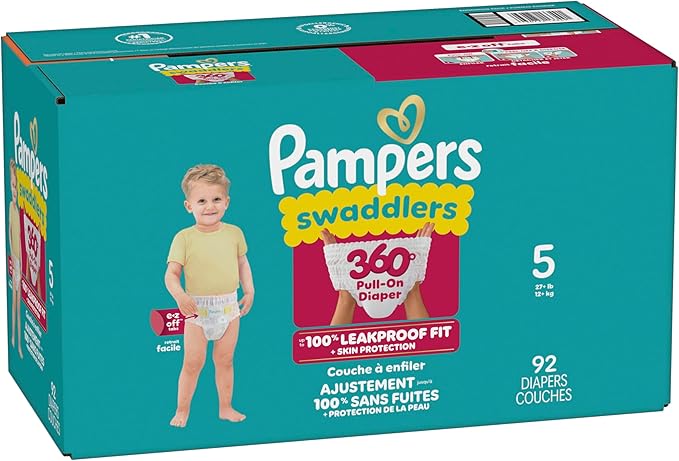 Pampers Diapers - Swaddlers 360° - Size 5, 92 Count, up to 100% Leakproof Comfy Dry Fit, Designed for Easy Changes, Pull On Baby Diaper (Packaging May Vary)