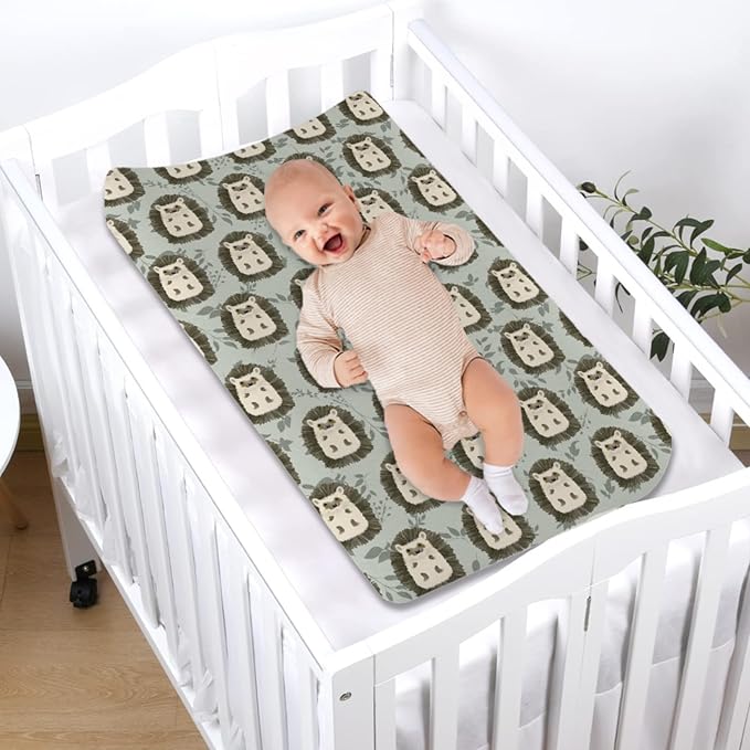 Cute Animals Baby Changing Pad Covers Baby Hedgehog Retro Green Leaves Diaper Change Table Sheets for Girl Boy Soft Stretch Fitted Changing Table Pad Mat Cover 32''x16''