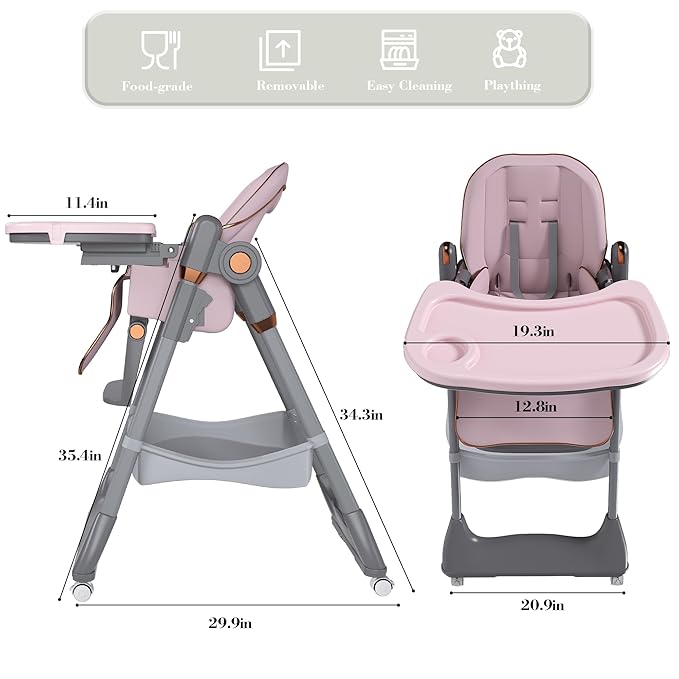 3-in-1 Foldable High Chair for Babies & Toddlers, Adjustable Height, Reclining Seat, Wheels with Safety Locks, Removable Tray, Space-Saving Multifunctional Baby Dining Chair (Pink)
