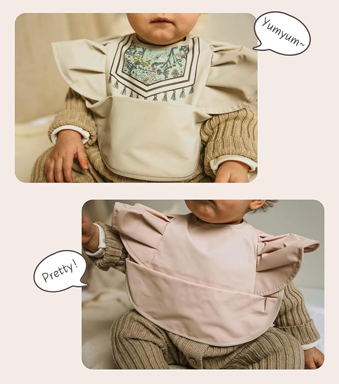 CuddoBaby Baby Bibs, Waterproof Feeding Bib with Large Pocket, Mess Proof, Wide Fit Adjustable, Quick Dry Food Catcher