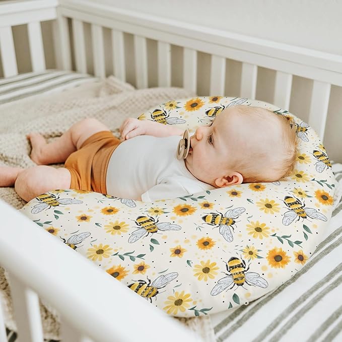 Boho Bees Sunflowers Baby Nursing Pillow Covers for Boy Girl Watercolor Bee Yellow Floral Nursing Pillowcase for Breastfeeding Pillows Spring Summer Soft Stretchy Slipcovers for Newborn Infant