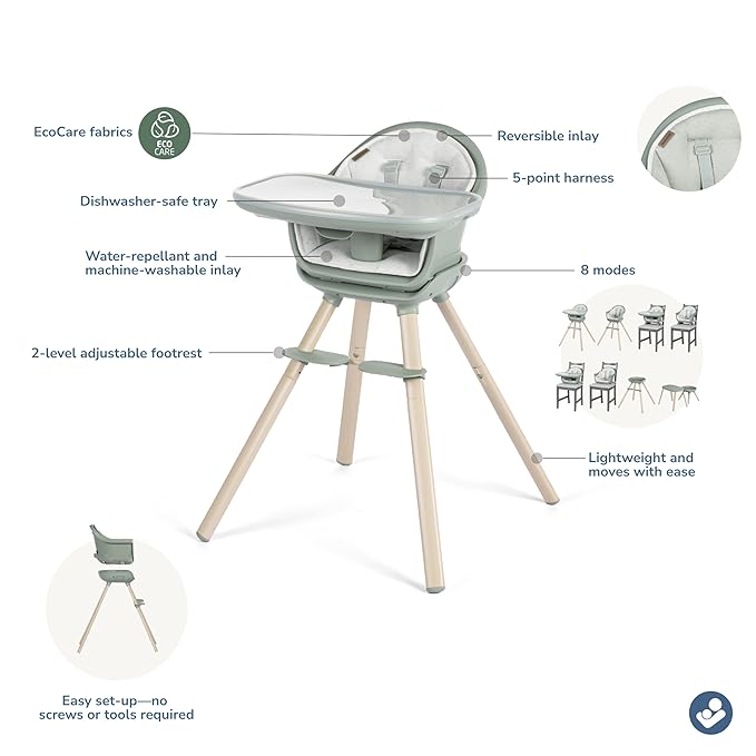 Maxi-Cosi Moa 8-in-1 High Chairs for Babies and Toddlers, Machine Washable Infant High Chair, Compact, Convertible High Chair Lightweight Design, Classic Green