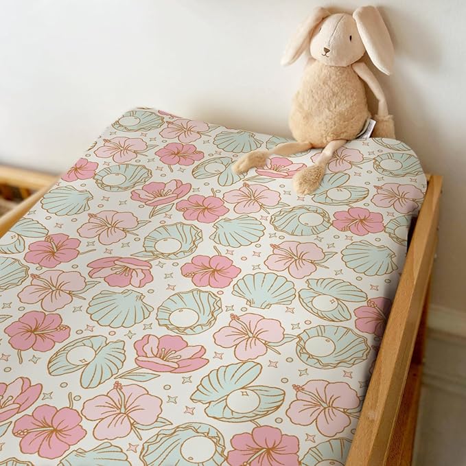 Boho Summer Mermaids Floral Changing Pad Covers for Baby Girls Boys Beach Seashells Conch Tropical Flowers Fitted Change Table Pad Covers Mats Ocean Marine Soft Diaper Changing Pad Sheets 32''×16''