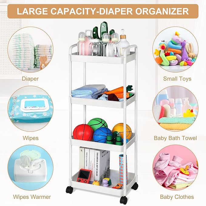 Barydat Baby Diaper Cart 4-Tier Movable Diaper Caddy Organizer Rolling Plastic with Wheels White Essentials Baby Storage Organizer for Hanging Table Crib Bedroom Bathroom