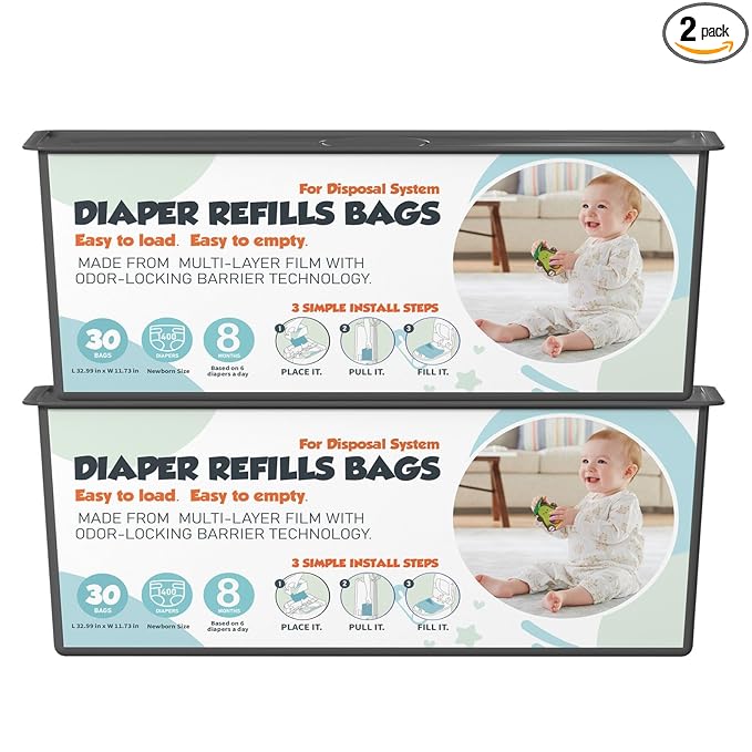 Diaper Pail Refills Bags with 30 Bags Compatible with Genie Easy Roll Signature and Platinum Diaper Pails, 7-Layer Odor-Barrier Technology, 2 Pack (60 Bags)