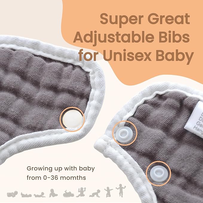 MUKIN Soft Cotton Muslin Baby Bibs 6 Pack | Adjustable Snap Closure for Newborns| Absorbent for Drooling, Teething & Feeding