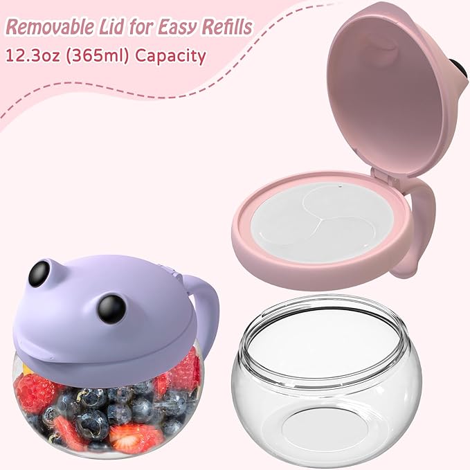 SELEWARE 2 Pack Toddler Snack Cups No Spill Snack Containers for Kids with Spill-Proof Lid & Handle, 12.3 Oz BPA-Free Plastic Baby Snack Catcher, Dishwasher Safe, Cute Frog Design (Pink & Purple)