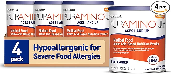 PurAmino Junior, Hypoallergenic Amino Acid based Powder for Severe Food Allergies and GI conditions, Nutritionally Complete for Ages 1 and older, 14.1oz can, Pack of 4