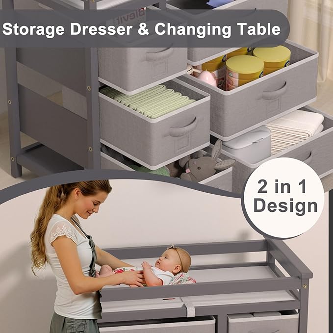 Glaf Baby Changing Table with 6 Storage Drawers and Pad Topper Modern Diaper Change Station Changing Table Dresser for Newborn Baby and Infant (Grey)
