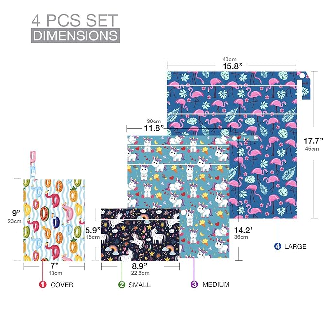 Waterproof and Reusable Wet Bag Diaper Stroller Water Resistant Swimsuit Travel Toiletries Yoga Gym Washable Carrier Small Medium Large Flamingo 4 Pack