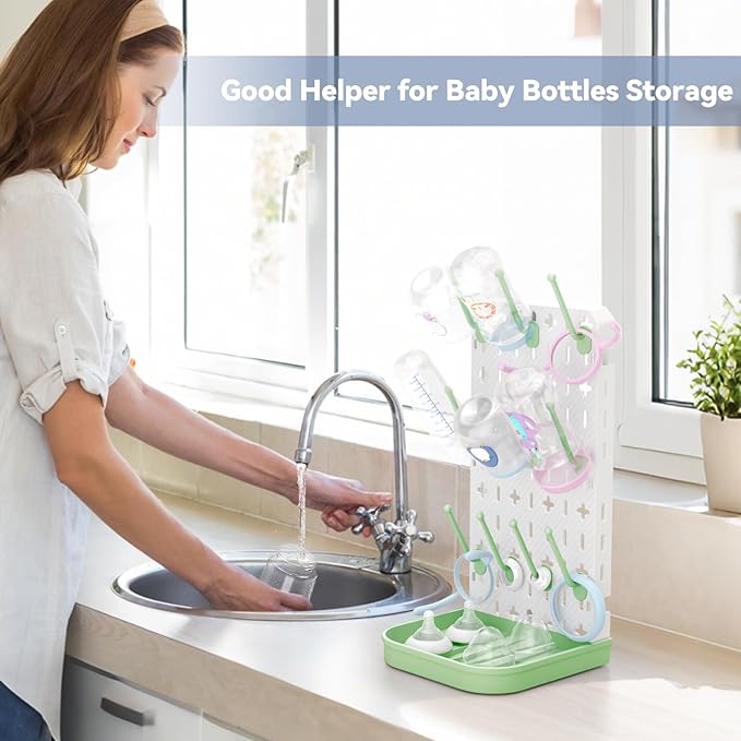 Baby Bottle Drying Rack Baby Bottle Holder Space Saving Bottle Dryer Rack Station Countertop Storage Organizer 12 Travel Bottle Drying Rack Vertical Breast Pump Part Plastic Bag Cup Dryer Tower Green