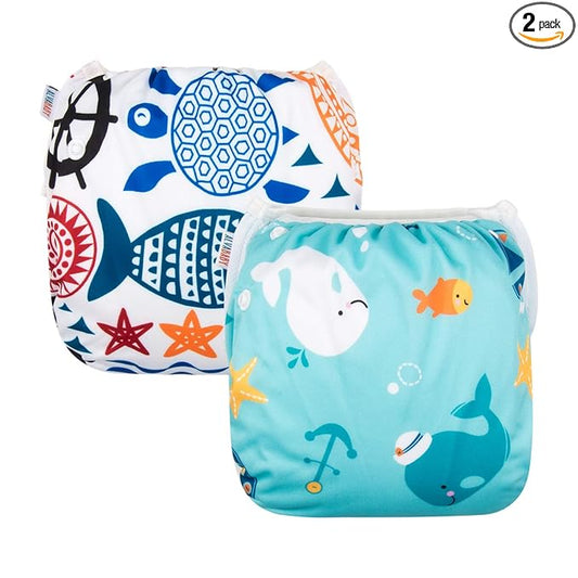 ALVABABY 2pcs Swim Diapers Baby & Toddler Snap One Size Reusable Adjustable Baby Boy Cartoon Fish Small DYK05-06