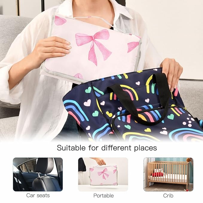 Pink Bow Portable Diaper Changing Pad - Waterproof Foldable Baby Diaper Changing Pad with Built-in Pillow, Travel Diaper Changing Mat for Newborn Baby