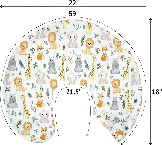 Safari Animals Baby Nursing Pillow Covers for Boy Girl Cute Lion Giraffe Elephant Hippo Tropical Leaves Nursery Pillowcase for Breastfeeding Pillows Zoo Jungle Soft Stretchy Slipcovers for Newborn