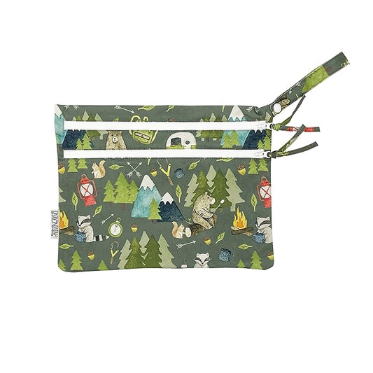 BapronBaby Camping Bears Wet Dry Bag - Waterproof Two Zipper Pockets - Reusable for Mealtime, Diapers, Stroller, Snacks, Swimsuits - Machine Washable - 11" x 9"
