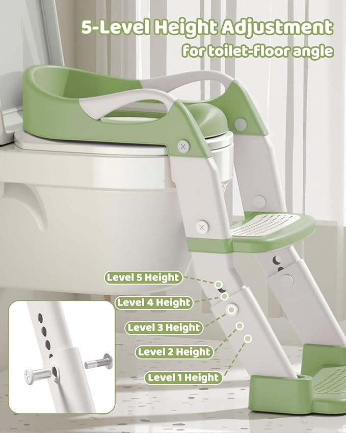 3-in-1 Potty Training Seat & Training Toilet & Potty Chair, Height AdjustableToddler Toilet Seat for Kids, Foldable Potty Training Toilet with Splash Guard & Anti-Slip Steps (Green)