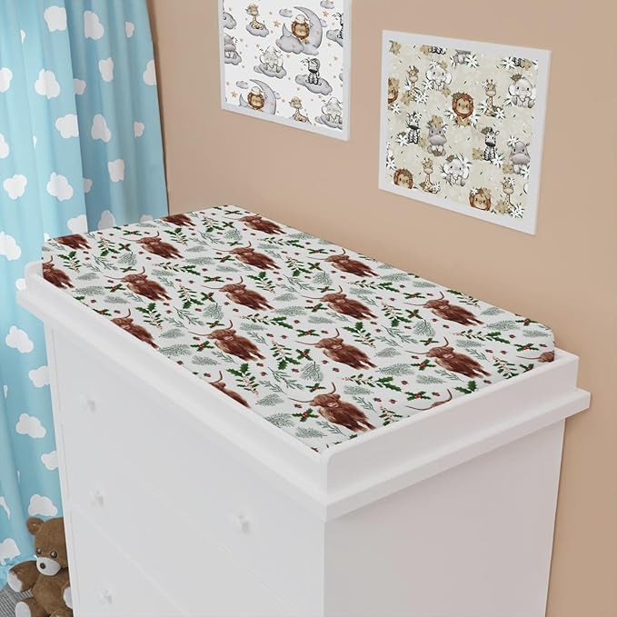 Christmas Highland Cows Changing Pad Cover Cute Yak Cherry Fir Leaves Diaper Changing Table Cover Sheets for Boys Girls Soft Breathable Stretchy Fitted Changing Table Mats 32''x16''