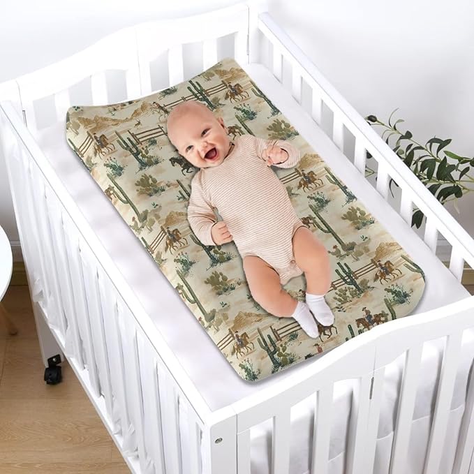 Baby Stretchy Changing Pad Cover, Breathable Changing Pad Cover for Infants and Toddles, Vintage Cowboy Cactus Print 16 * 32 Inches