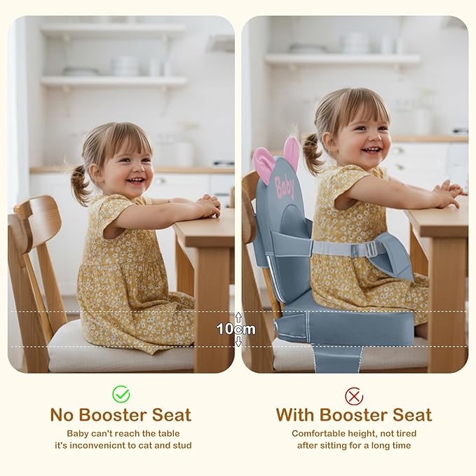 Booster Seat for Dining Table, Toddler Booster Seat for Dining Table, Kids Boys Girls Portable PU Waterproof Travel Baby Boosters Increasing Cushion with Backrest and Adjustable Strap (Gray, OneSize)