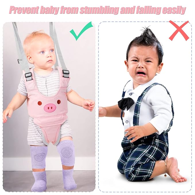 Xuniea Baby Walking Harness Breathable Handheld Baby Walker Assistant Belt Adjustable Toddler Walking Assistant with 4 Pairs Non-Slip Socks Grips 4 Pairs Baby Knee Pads for Crawling, 7-24 Months