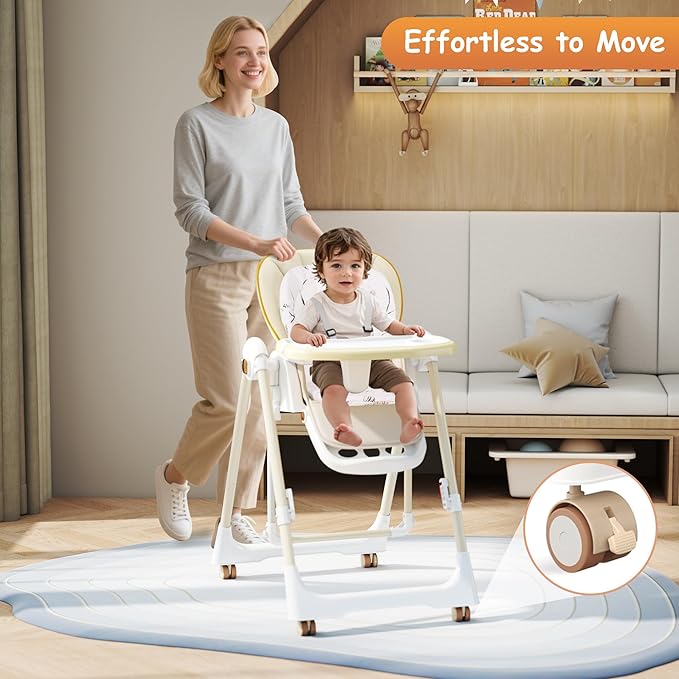 High Chairs for Babies and Toddlers, Foldable High Chair with Lockable Wheels, 4-in-1 Convertible, Adjustable Reclining Seat with Leg Rest & 5-Point Harness, Soft Cushion, Portable When Folded, Beige