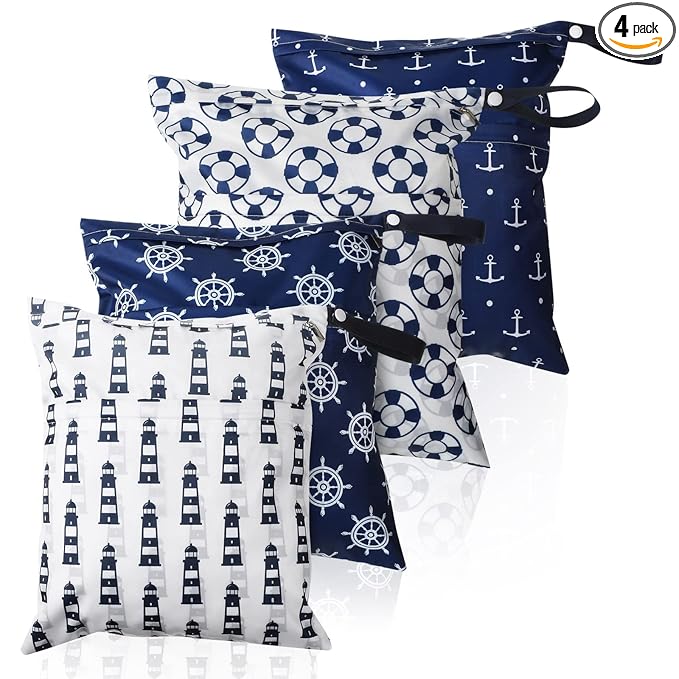 Frienda 4 Pieces Cloth Diaper Wet Dry Bag, Waterproof Reusable Washable Bag for Baby Items and Travel Zippered Pockets with Handle, Beach, Swimsuit, Dirty Gym Clothes and Toiletries(Nautical Style)