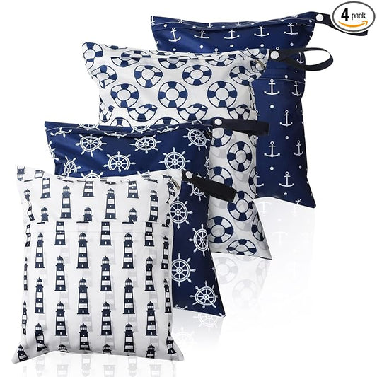 Frienda 4 Pieces Cloth Diaper Wet Dry Bag, Waterproof Reusable Washable Bag for Baby Items and Travel Zippered Pockets with Handle, Beach, Swimsuit, Dirty Gym Clothes and Toiletries(Nautical Style)