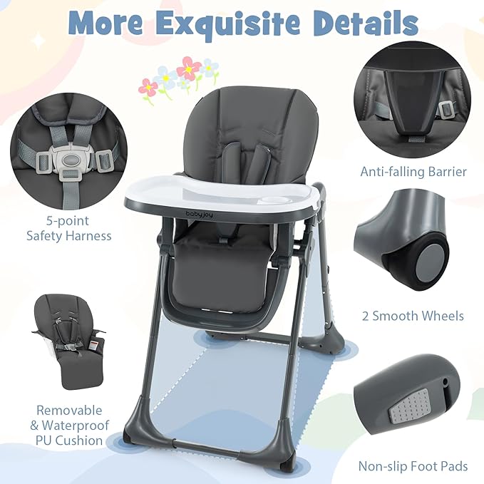 BABY JOY Convertible High Chair for Babies & Toddlers, Height Adjustable, Grow & Go High Chair w/Recline & Footrest, Removable Double Tray, Portable Baby Dinning Chair with Wheels (Dark Gray)