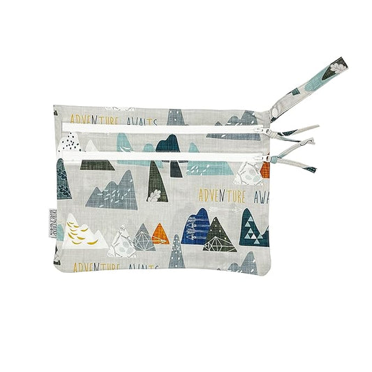 BapronBaby Adventure Awaits Wet Dry Bag - Waterproof Two Zipper Pockets - Reusable for Mealtime, Diapers, Stroller, Snacks, Swimsuits - Machine Washable - 11" x 9"
