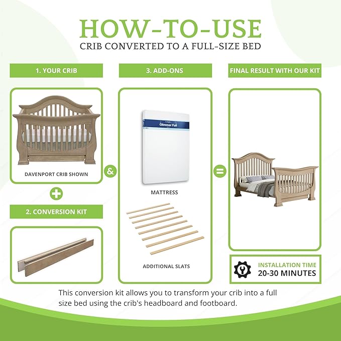 Full-Size Conversion Kit Bed Rails for Baby Appleseed and Eco-Chic Convertible Cribs - Solid Wood Rail - Toddler & Adult Bed Rail for Full-Size Beds - Nursery and Baby Furniture (Willow, Bolt-On Kit)