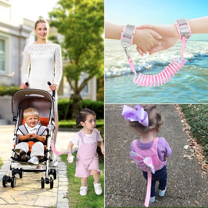 Accmor Toddler Harness Leash + Anti Lost Wrist Link, 2 Pack Cute Kids Butterfly Harness Leashes, Adorable Baby Leash Walking Assistant Wristband Strap Tether for Girls Outdoor (Pink + Purple)