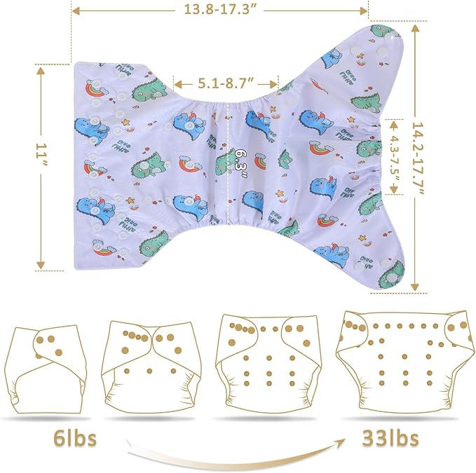 TDIAPERS Cloth Diapers Reusable Washable Pocket Diapers Cover One Size Adjustable for Baby Snaps Cloth Diapers Nappy 6 Pack with 6 Pcs Microfiber Inserts,1 Wet Bag