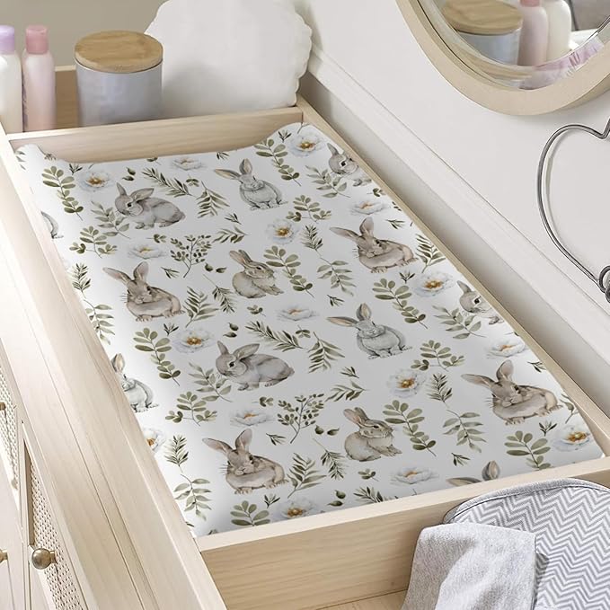 Watercolor Bunny Boho Flowers Leaves Changing Pad Covers for Baby Boy Girl 32''x16'' Rabbits Retro Wild Plants Fitted Diaper Changing Table Sheets Mats Comfort Soft Breathable Cradle & Bassinet Sheets