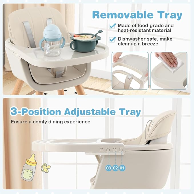 HONEY JOY Baby High Chair, 6-in-1 Eat & Grow Wooden Highchair/Toddler Chair with Removable Tray, 5-Point Harness, PU Cushion and Footrest, Convertible High Chair for Babies and Toddlers(Beige)