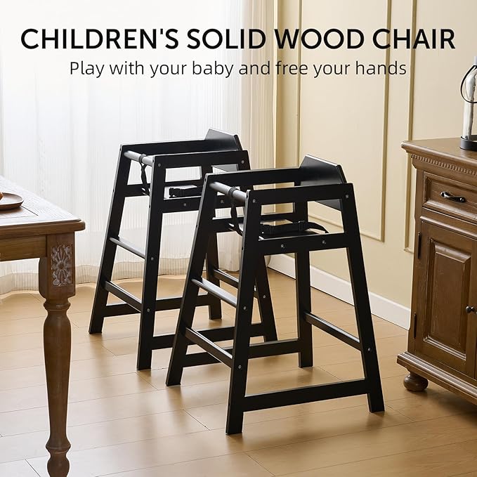 4-Pack Wooden Baby High Chair -Stack-able Solid Wood Feeding Seats, with Commercial Grade Solid Wood for Dining Table & Kitchen - Compact & Portable Design for Restaurant & Home Use（Black）