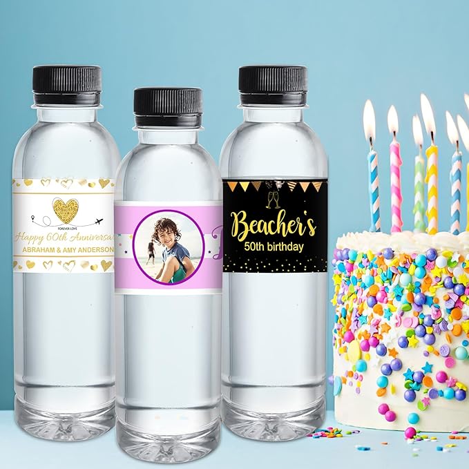 Personalized Water Bottle Labels for Birthday Anniversary Custom Happy Birthday Labels with Name for Water Bottle Stickers Waterproof Printable Photo Bottle Labels Gifts 50 Pcs
