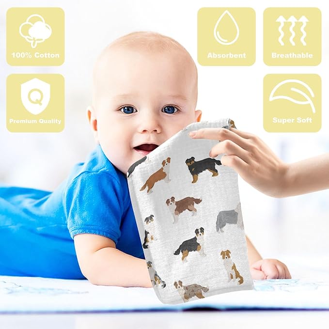 vvfelixl Baby Cotton Washcloths Australian Shepherd Dog Infants Bath Towel for Unisex Face Towels for Newborn, Natural Baby Wipes Delicate Skin, 11.8 X 11.8 inch, one sizex3