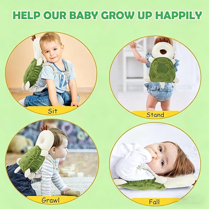Baby Head Protector Backpack, Toddler Baby Head Protection Backpack with Baby Knee Pads Alarm Function for Walking & Crawling, Soft, Breathable and Wearing Safety Baby Head Protector- Green Turtle