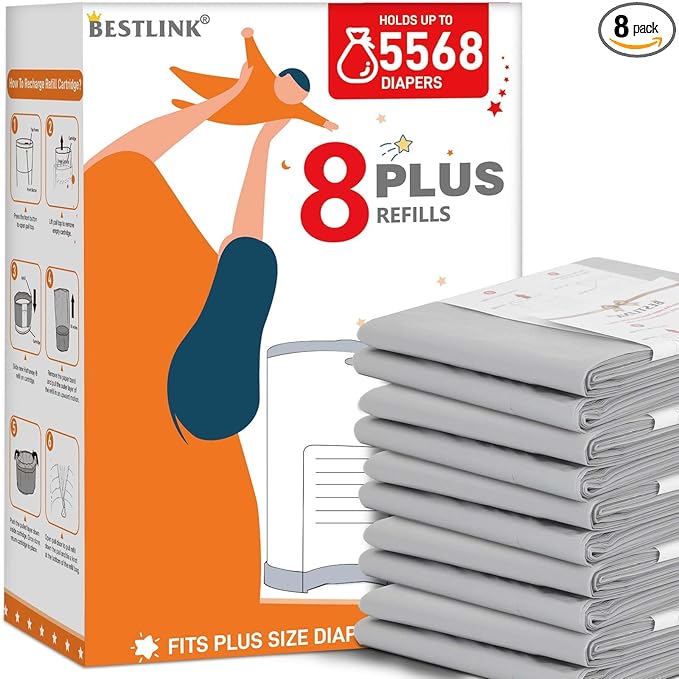 8 Pack Refills Compatible with DEKOR PLUS Diaper Pails | 20% Extra Length Diaper Pail Refill Bags Liners Holds 5568 Diapers | Ultimate Odor Control with Baby Scented