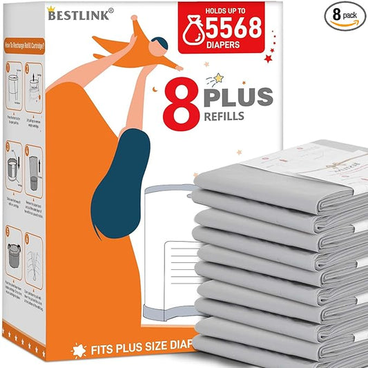 8 Pack Refills Compatible with DEKOR PLUS Diaper Pails | 20% Extra Length Diaper Pail Refill Bags Liners Holds 5568 Diapers | Ultimate Odor Control with Baby Scented